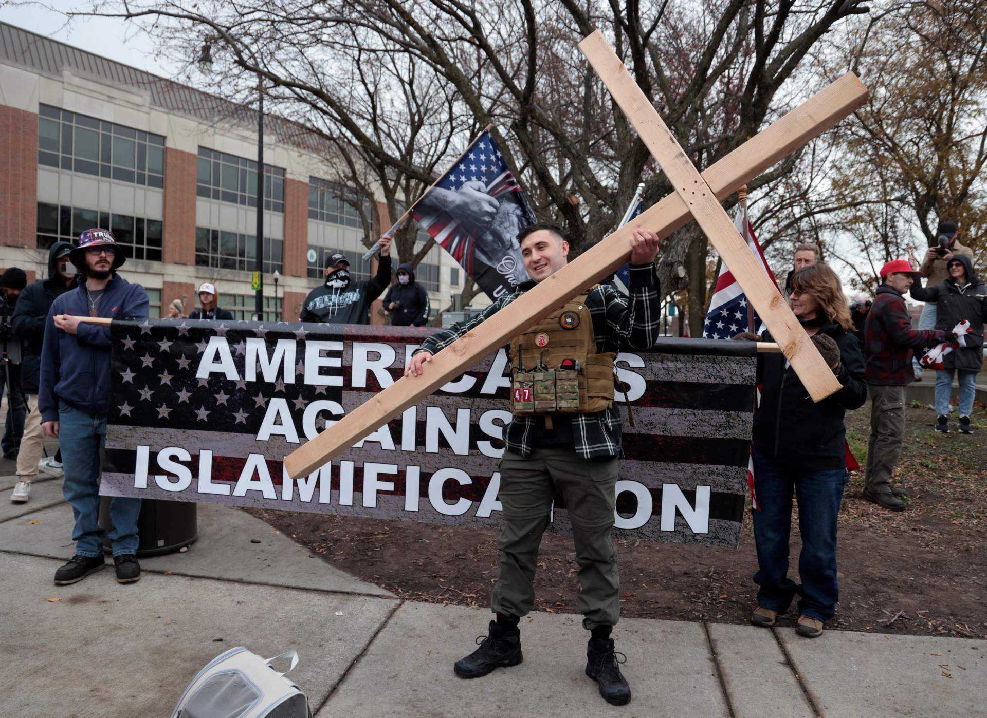 Jake Lang during an anti-Muslim demonstration in Dearborn, Michigan near the Islamic Center of America