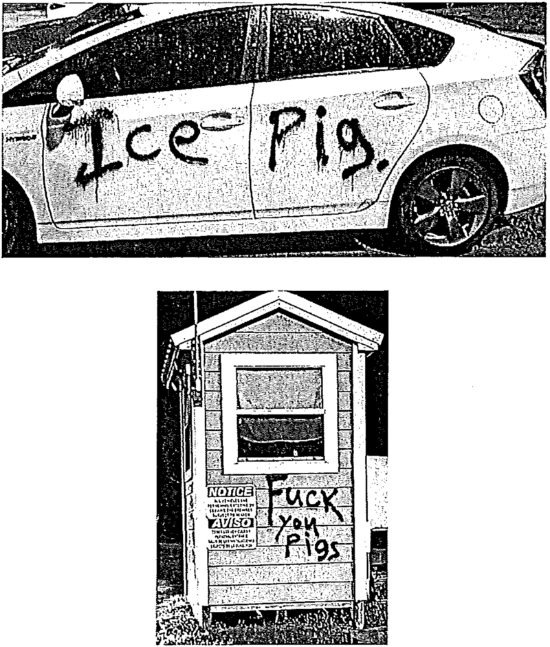 Protesters vandalized vehicles at Prairieland ICE Detention Center on July 4, 2025. Court exhibit from the federal criminal complaint.
