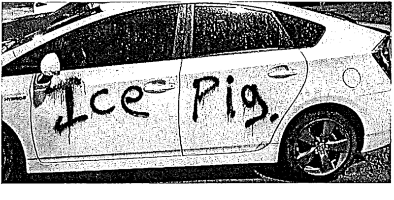 Protesters vandalized vehicles at Prairieland ICE Detention Center on July 4, 2025. Court exhibit from the federal criminal complaint.