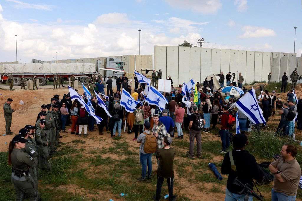Israeli protesters continue to block humanitarian aid from entering the besieged Gaza Strip on January 30, 2024.