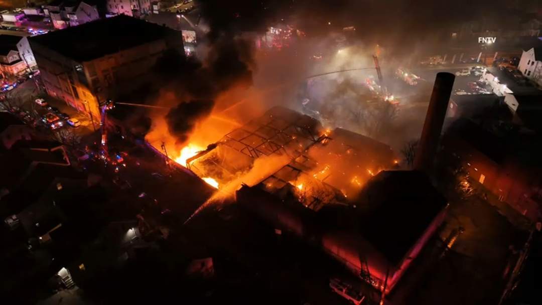 Five-alarm fire engulfs the abandoned Galaxie Chemical Corporation plant in Paterson, New Jersey, which sat vacant for 20 years as a Superfund hazardous waste site before burning in April 2026