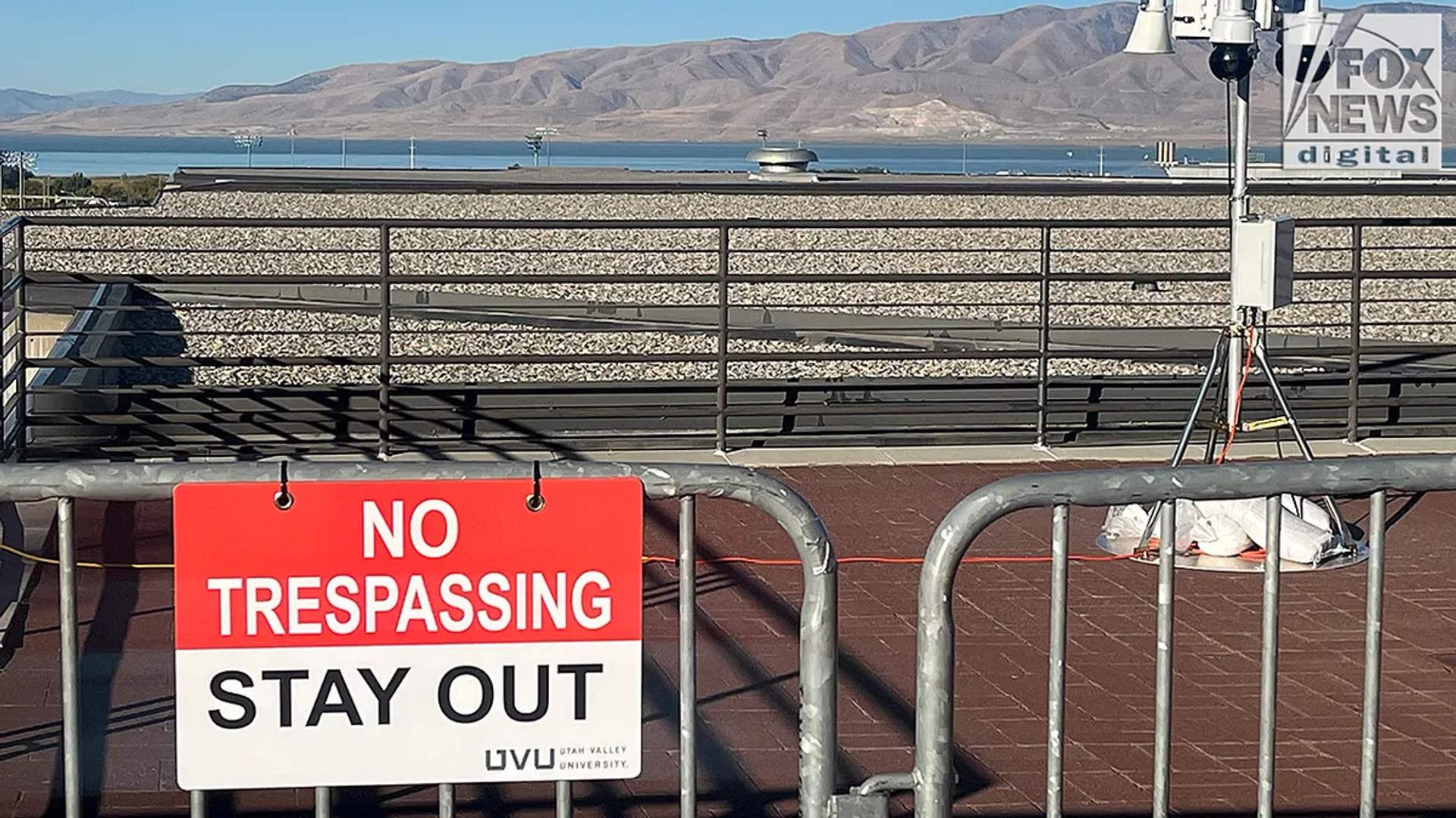 Police barrier on rooftop of the Losee Center building at Utah Valley University near the suspected sniper position used in the Charlie Kirk assassination