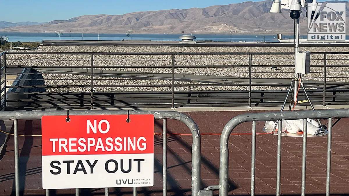 Police barrier on rooftop of the Losee Center building at Utah Valley University near the suspected sniper position used in the Charlie Kirk assassination