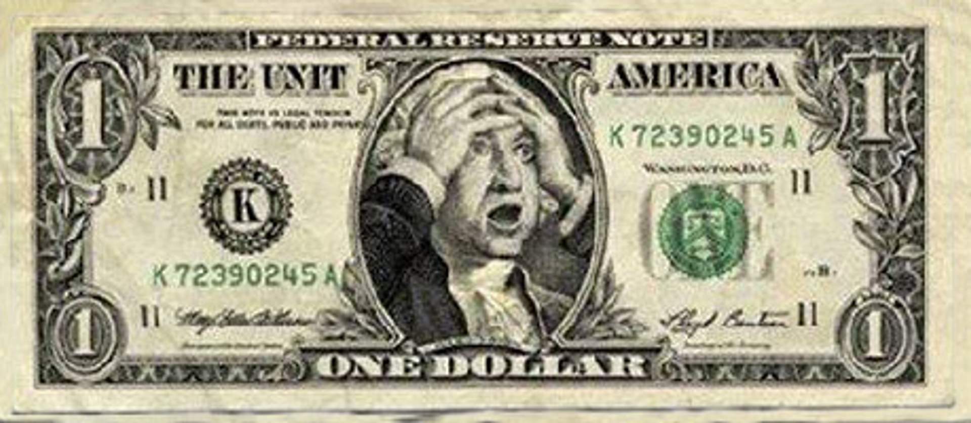 A U.S. one-dollar bill edited so George Washington's portrait shows a shocked, hands-on-face expression.