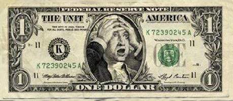 A U.S. one-dollar bill edited so George Washington's portrait shows a shocked, hands-on-face expression.