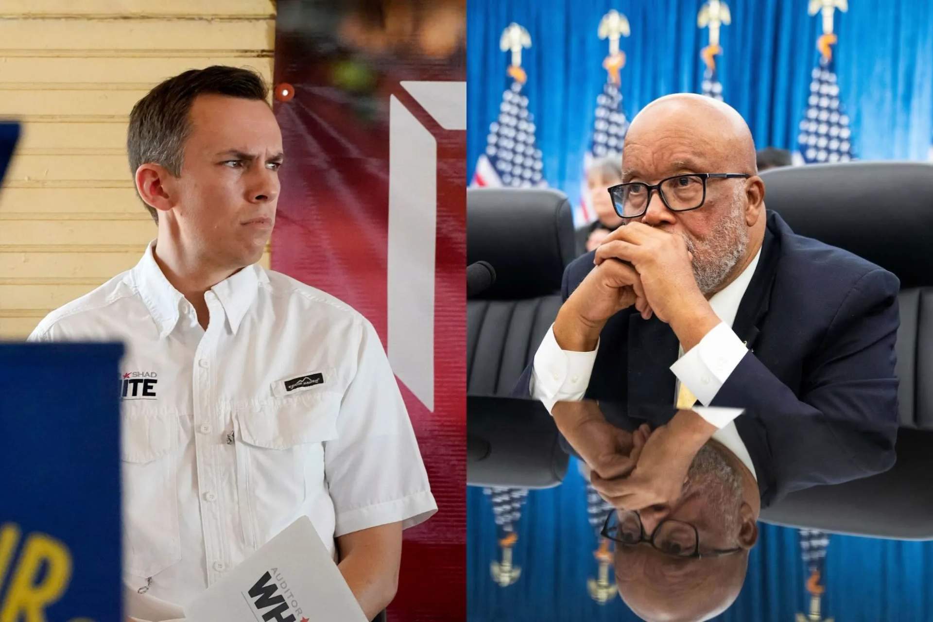 A split image showing Shad White, a white man in a dark suit, on the left, and Bennie Thompson, a Black man in a suit and tie, on the right. Both men appear to be captured in formal settings, likely official portraits or press conference photos. The image illustrates the political tension over redistricting Mississippi's 2nd Congressional District.
