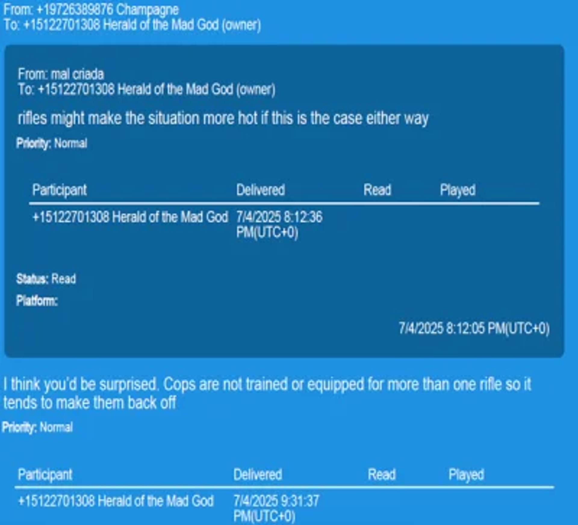Government evidence exhibit: Text message exchanges between members.