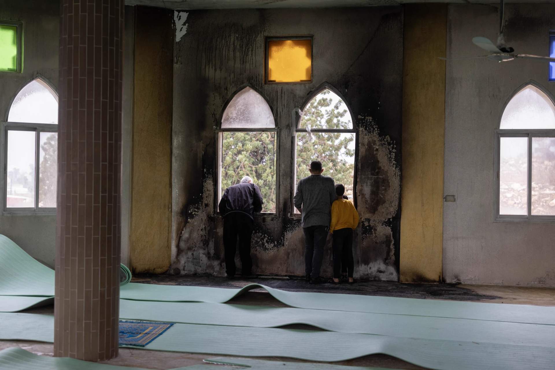 Damage to a mosque after a settler arson attack in the West Bank