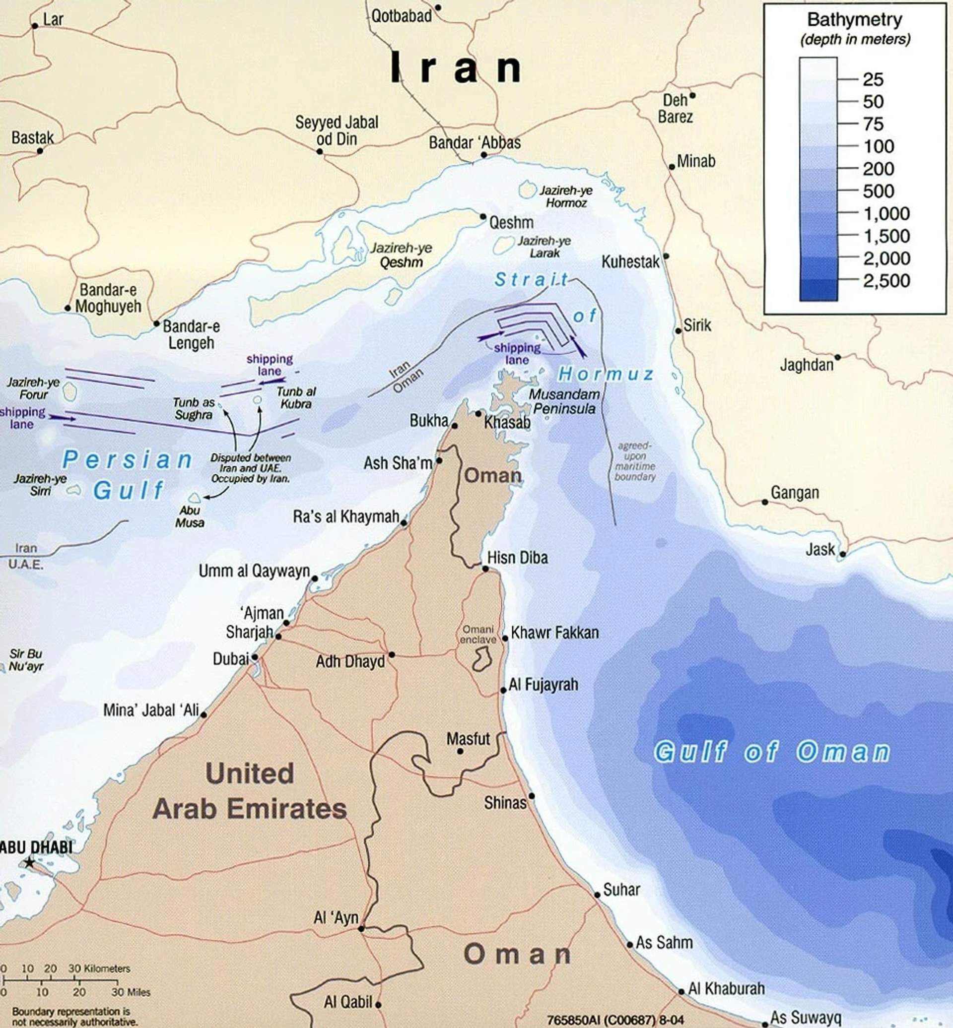 Large crude oil tanker named Odessa sailing through the Strait of Hormuz