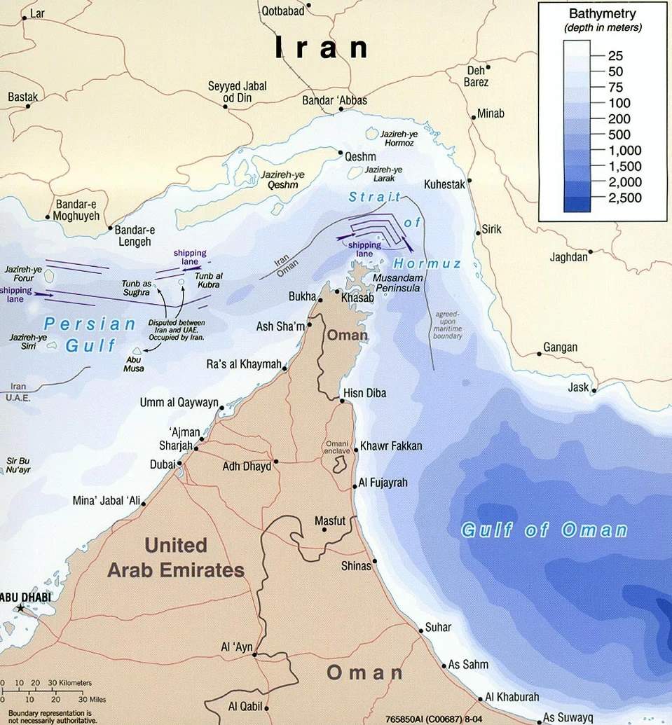 Large crude oil tanker named Odessa sailing through the Strait of Hormuz