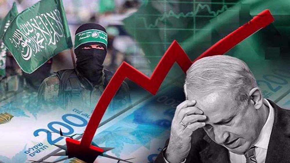 Graphic illustrating a crashing economy and showing Netanyahu in despair