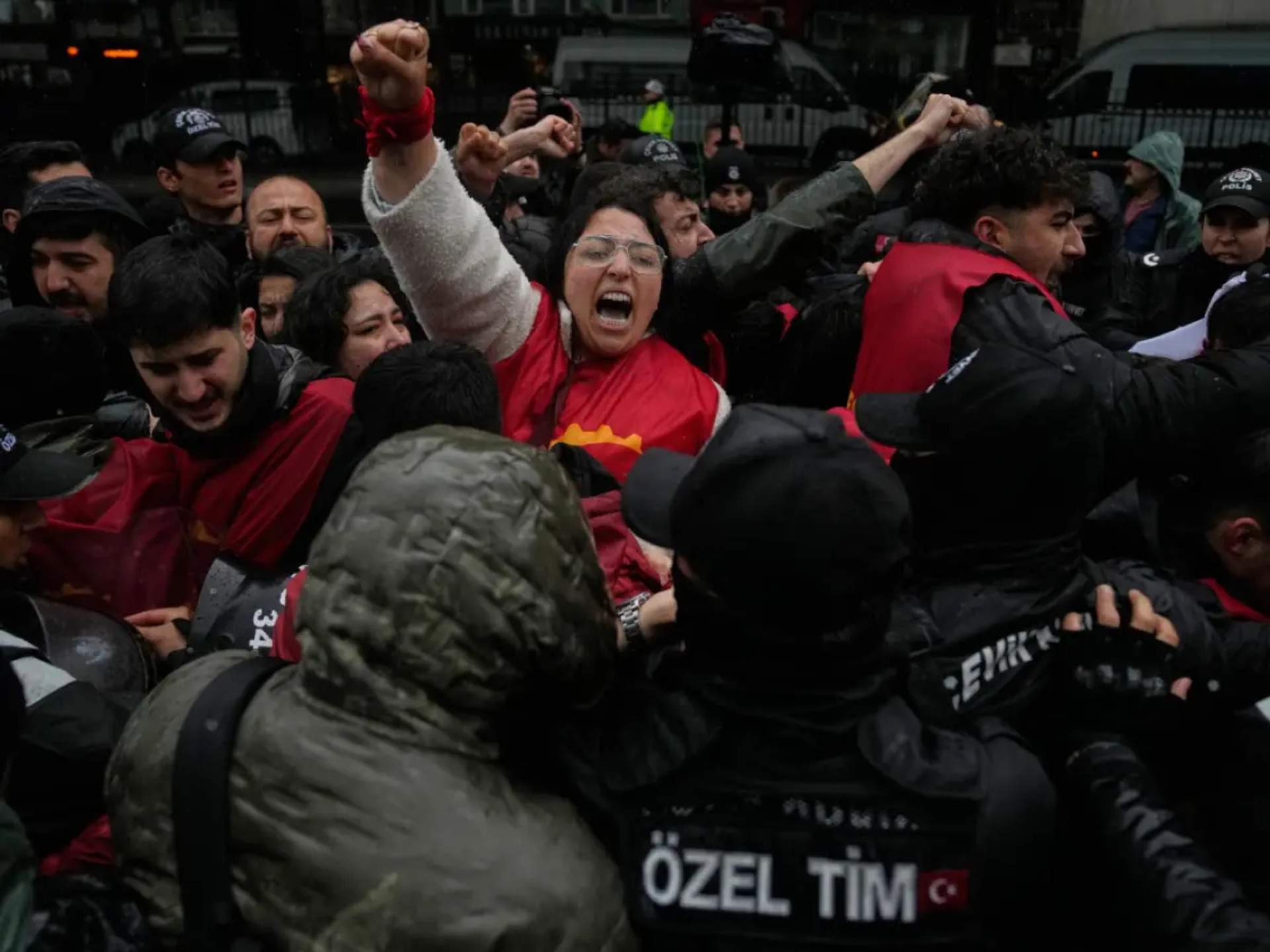 Union members scuffle with Turkish police officers as they try to march towards Taksim square in Istanbul, Turkey, Friday, May 1, 2026