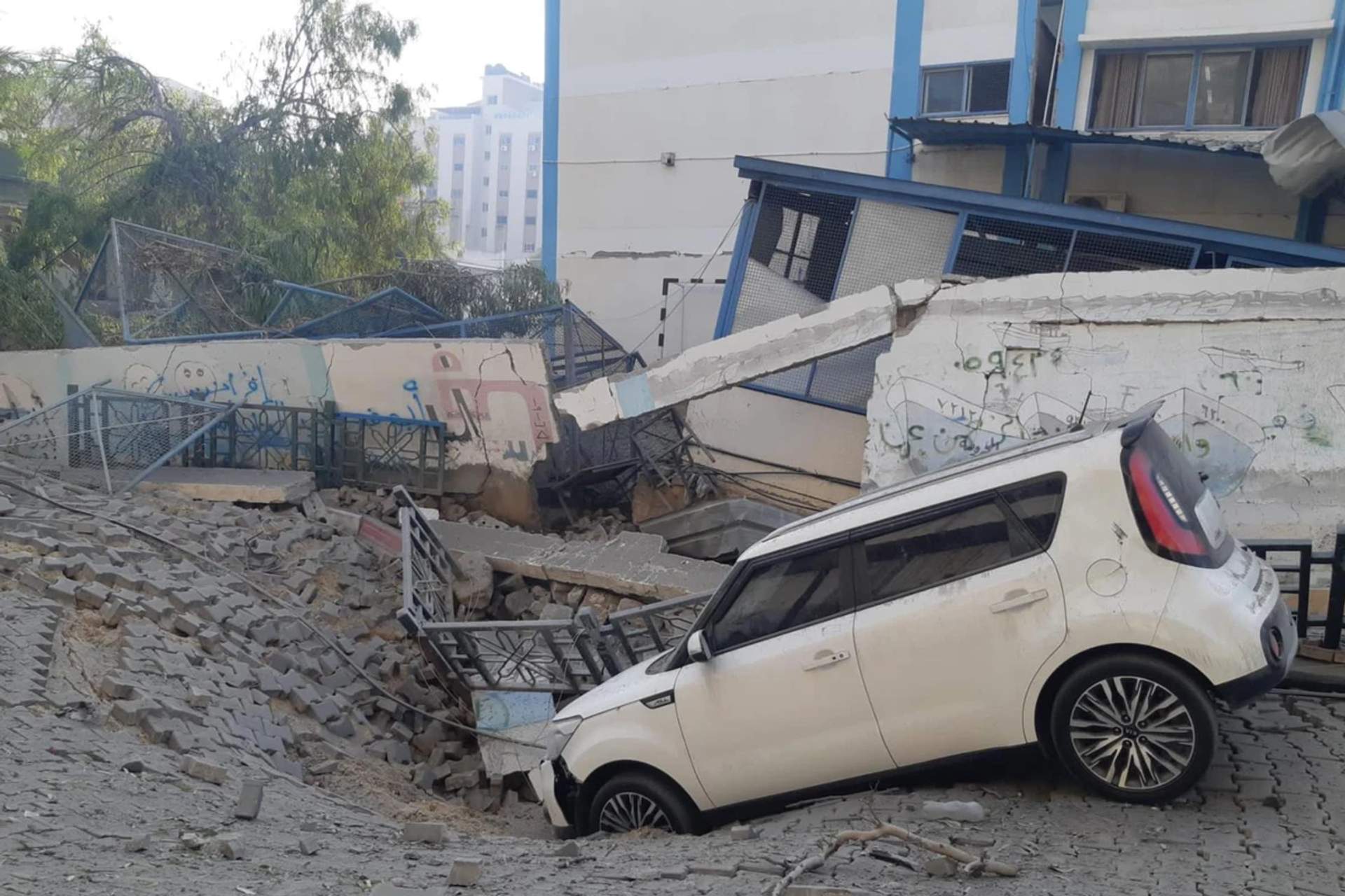 A heavily damaged UNRWA facility in Gaza  after an Israeli airstrike. October 11, 2023