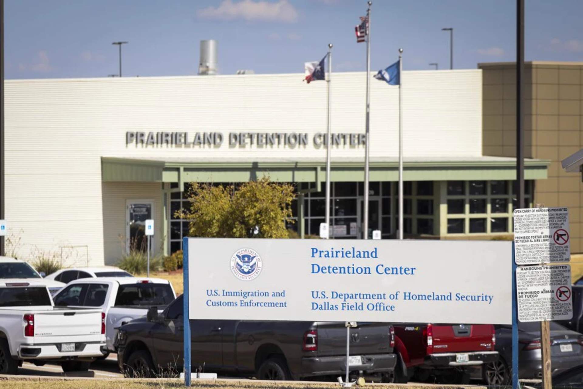 Aerial view of the Prairieland ICE Detention Center facility in Alvarado, Texas, showing multiple buildings surrounded by fencing and fields