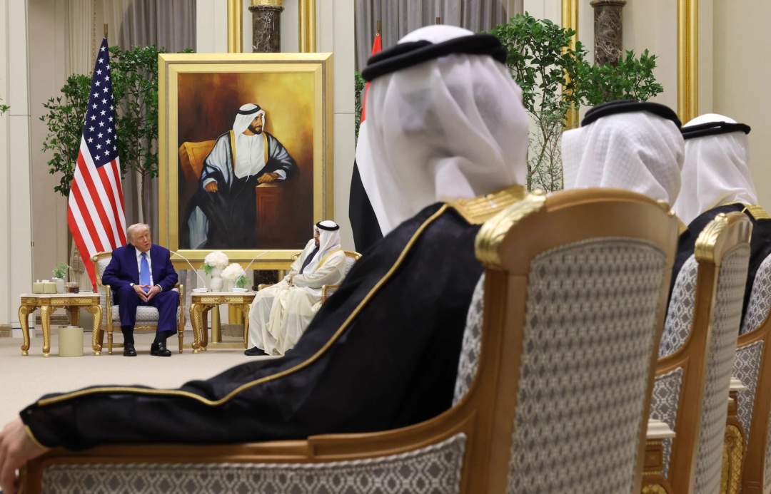 President Donald J. Trump speaks with UAE President Sheikh Mohamed bin Zayed Al Nahyan during a bilateral meeting at Qasr al Watan (Palace of the Nation) on May 15, 2025, in Abu Dhabi, United Arab Emirates.
