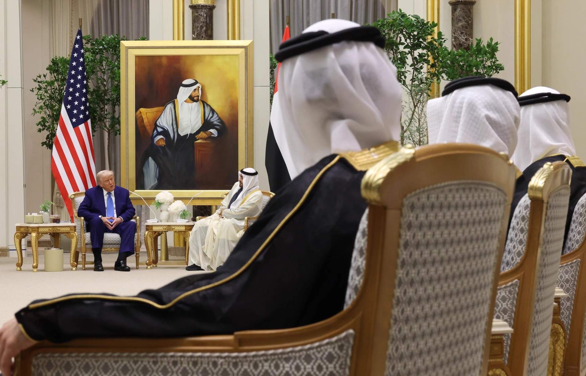 President Donald J. Trump speaks with UAE President Sheikh Mohamed bin Zayed Al Nahyan during a bilateral meeting at Qasr al Watan (Palace of the Nation) on May 15, 2025, in Abu Dhabi, United Arab Emirates.