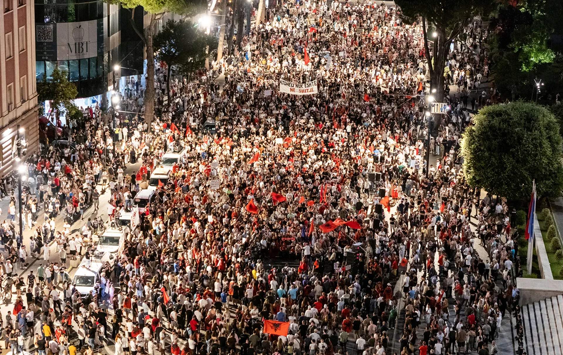 Aerial view showing thousands of protesters filling streets and squares in Tirana during the Flamingo Revolution