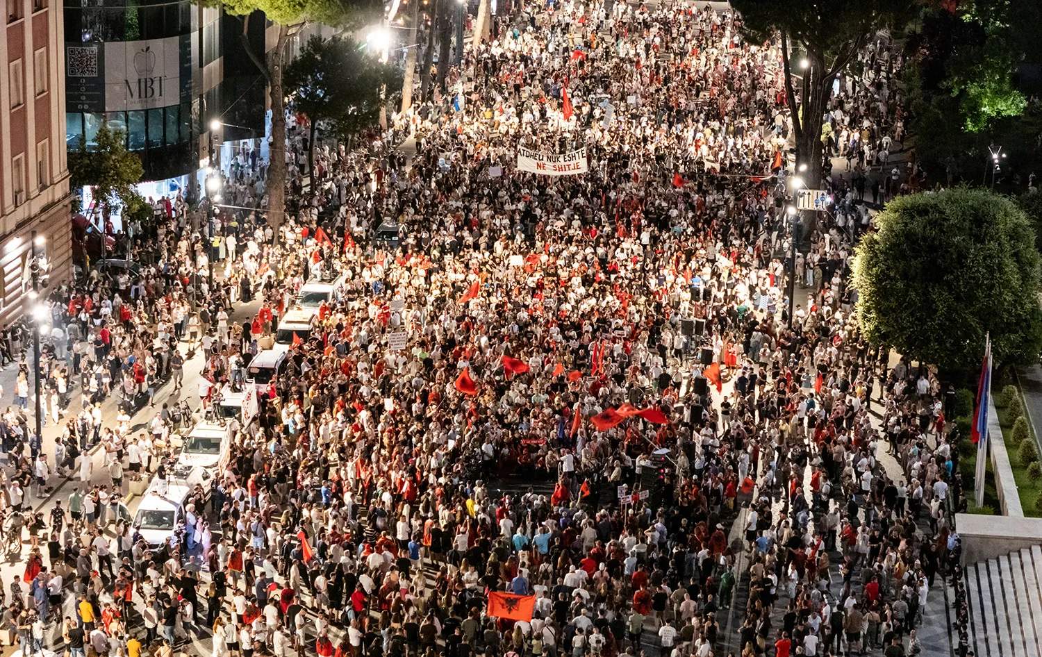 Aerial view showing thousands of protesters filling streets and squares in Tirana during the Flamingo Revolution