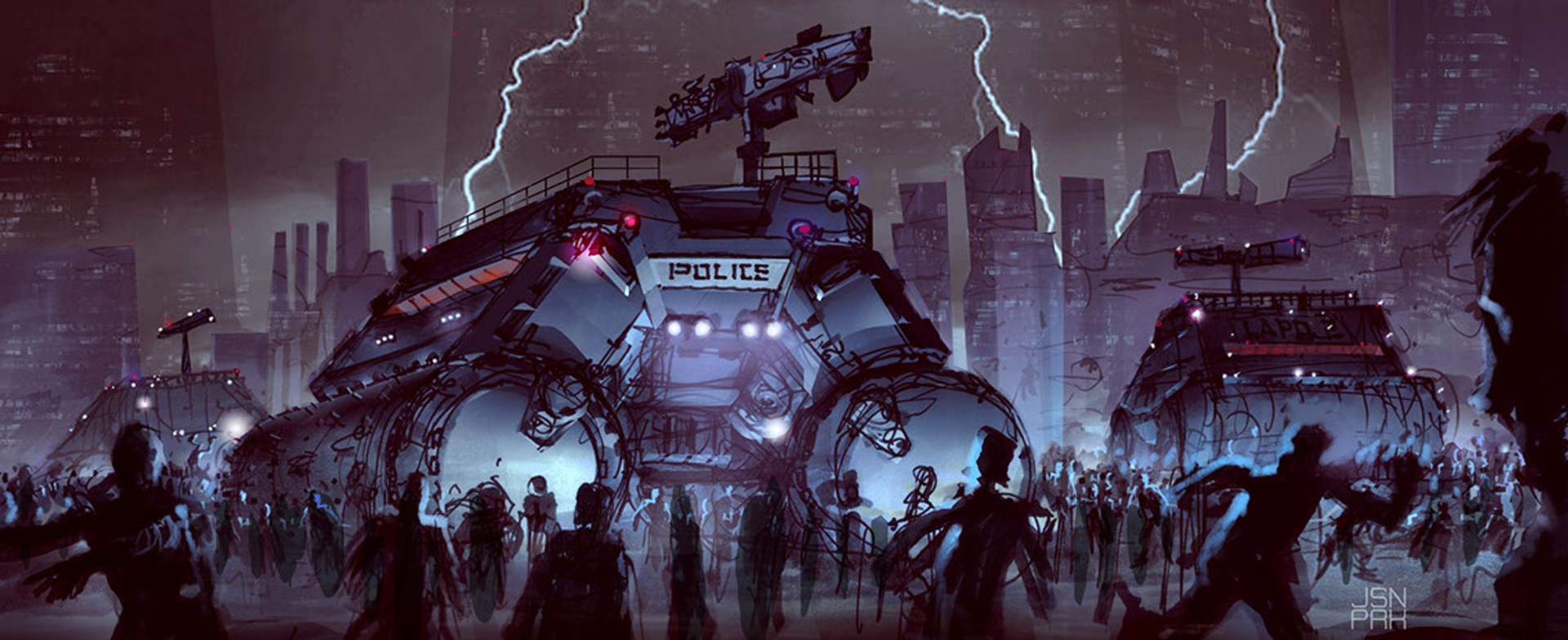 Dystopian concept art of hulking, militarized police walker vehicles looming over a crowd in a storm-lit city street.