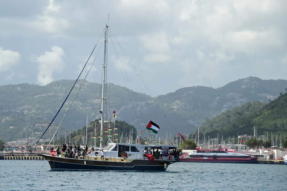 Fleet of boats departing from Marmaris port as part of the Global Sumud Flotilla, May 14, 2026