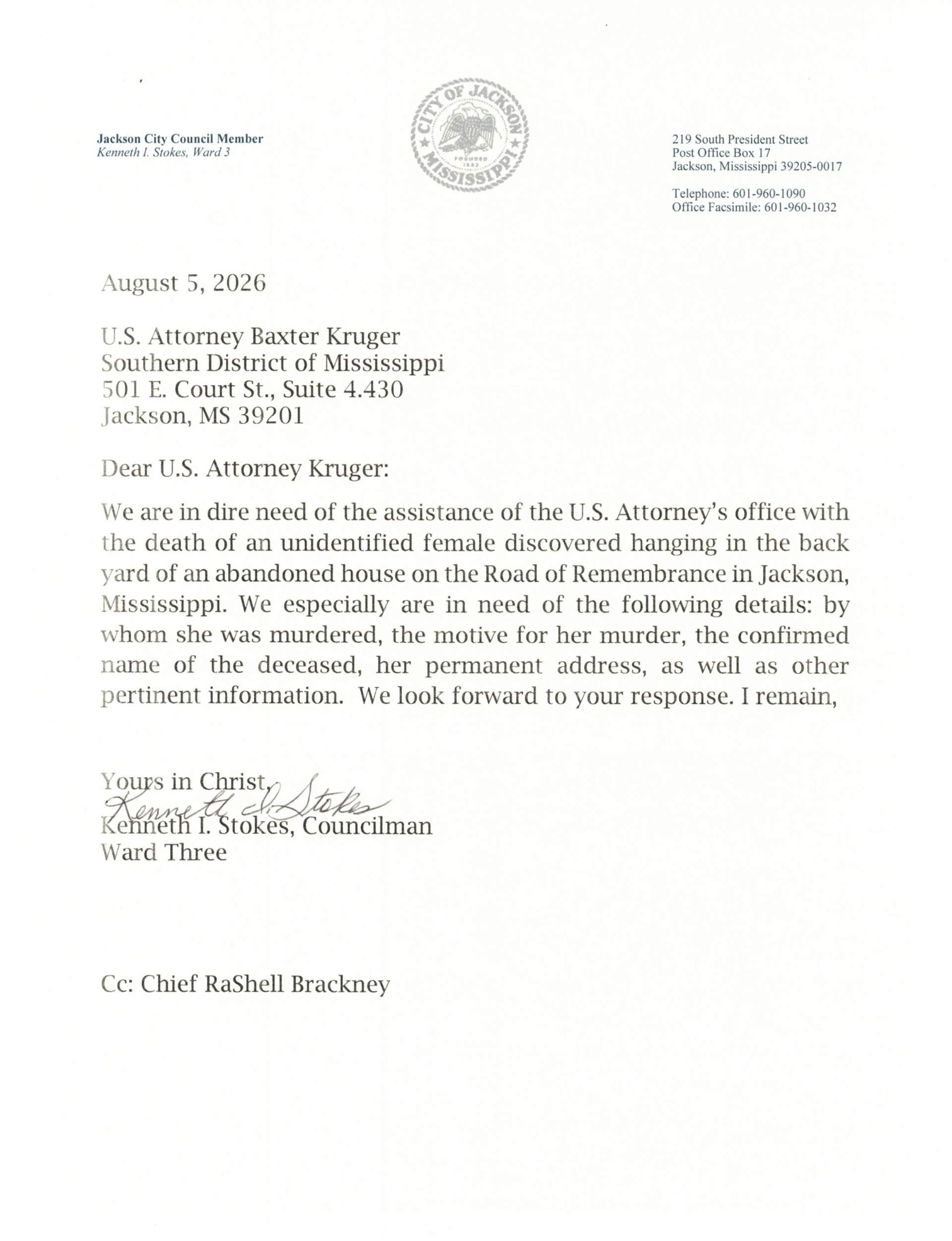 Councilman Kenneth Stokes letter to U.S. Attorney Baxter Kruger requesting federal investigation into Tasia Fortune hanging death
