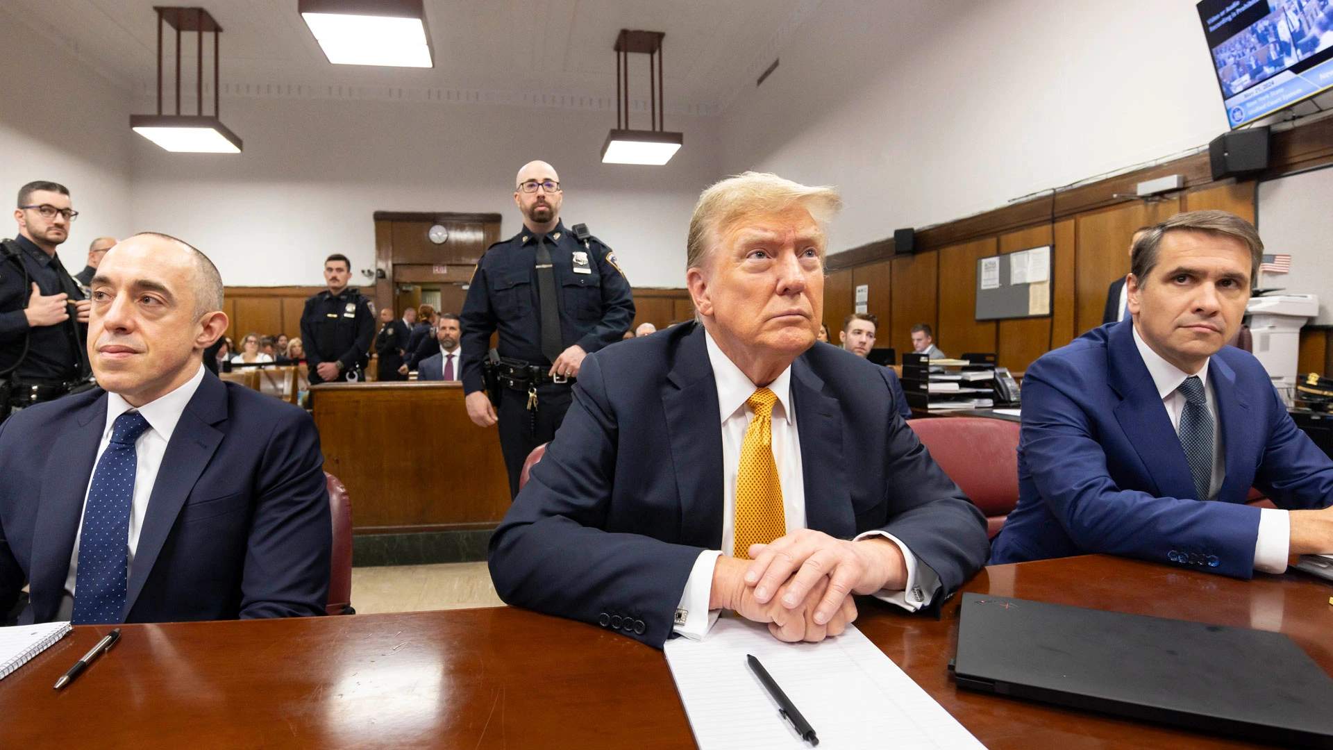 May 21, 2024: Donald Trump sits in court with his attorneys Emil Bove (left) and Todd Blanche at Manhattan Criminal Court in New York.