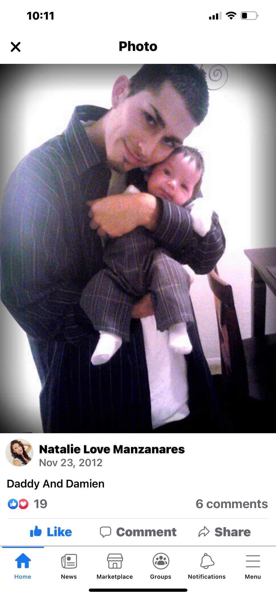 Photo & Facebook post of DJ and son Damien