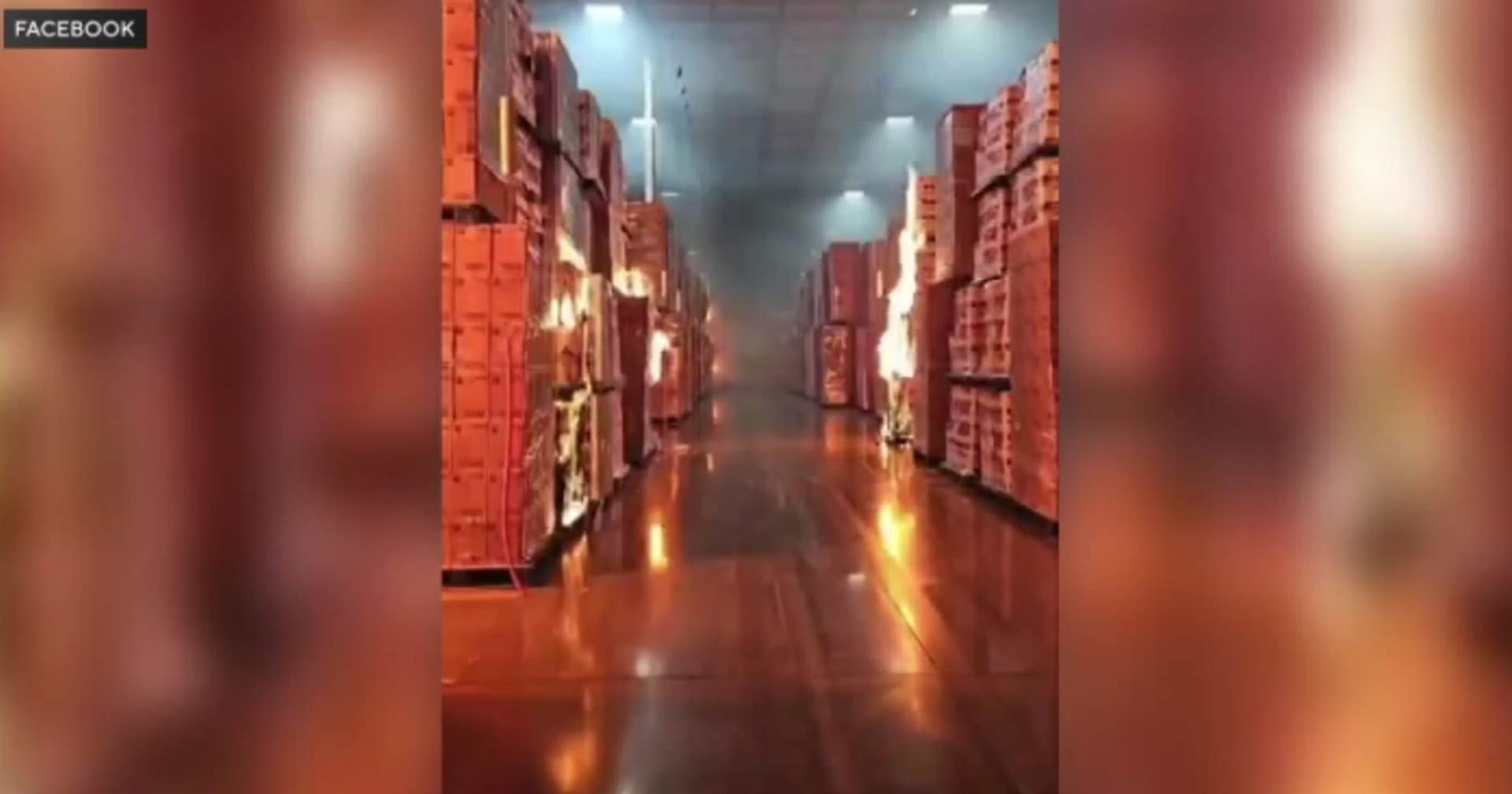 Rows of toilet paper stock as they begin to burn rapidly.