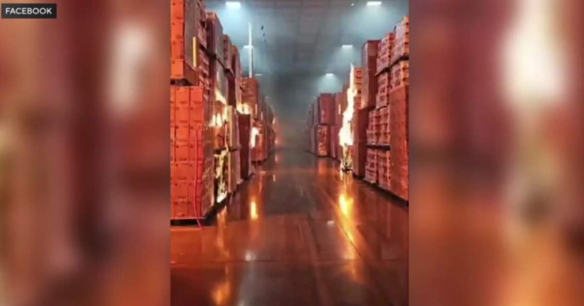 Rows of toilet paper stock as they begin to burn rapidly.