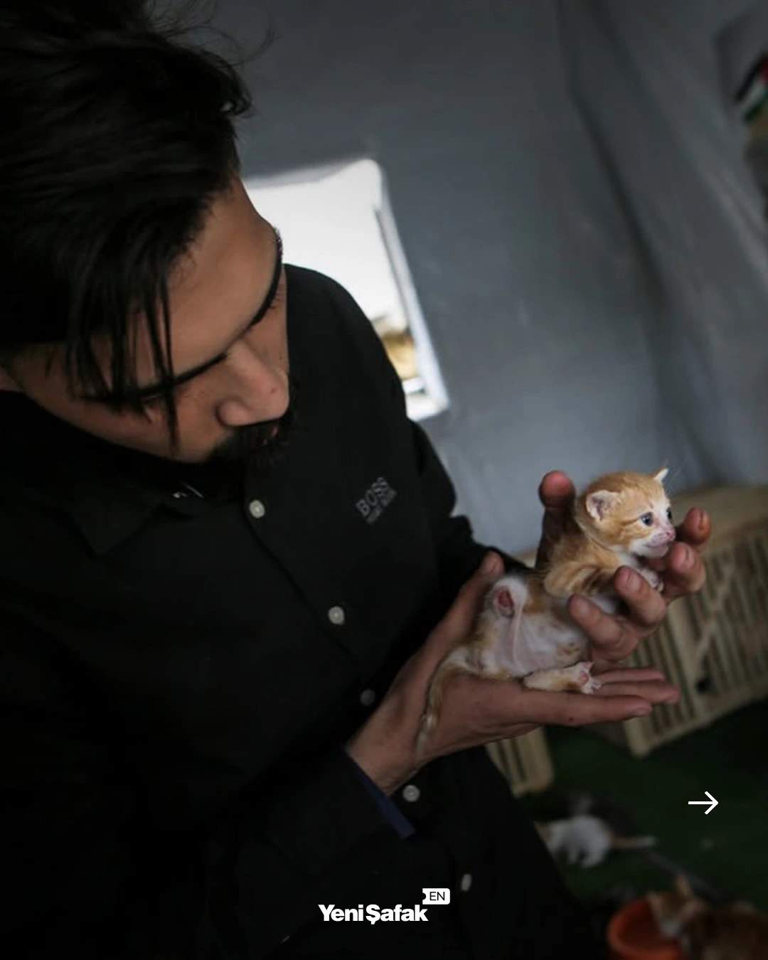 A tiny orange and white tabby kitten is gently cradled in a Abdullah's hands.