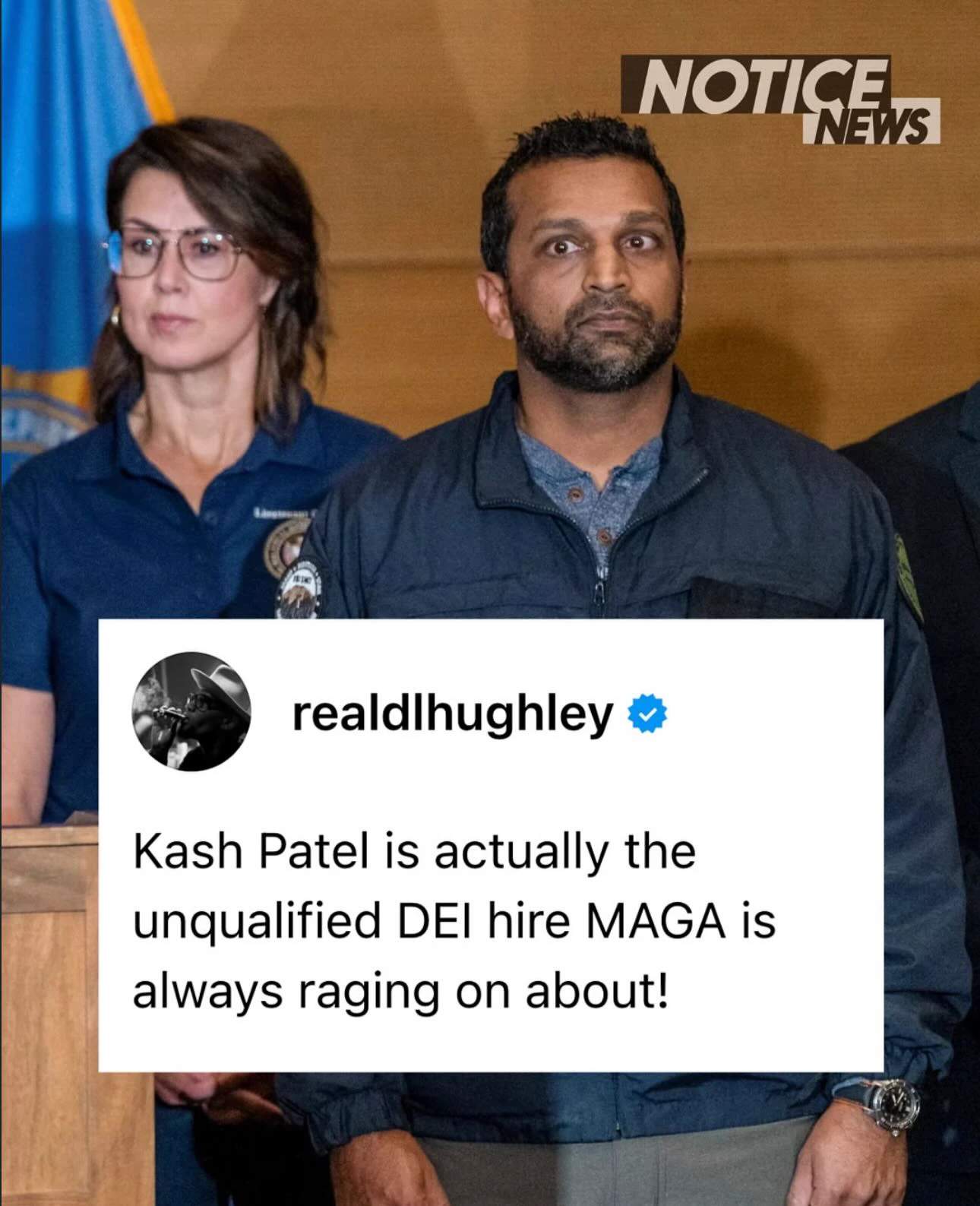 Space Cadet Krash Patel looking spun out at a press conference. Tweet over lay: Kash Patel is actually the unqualified DIE hire MAGA is always raging about.
