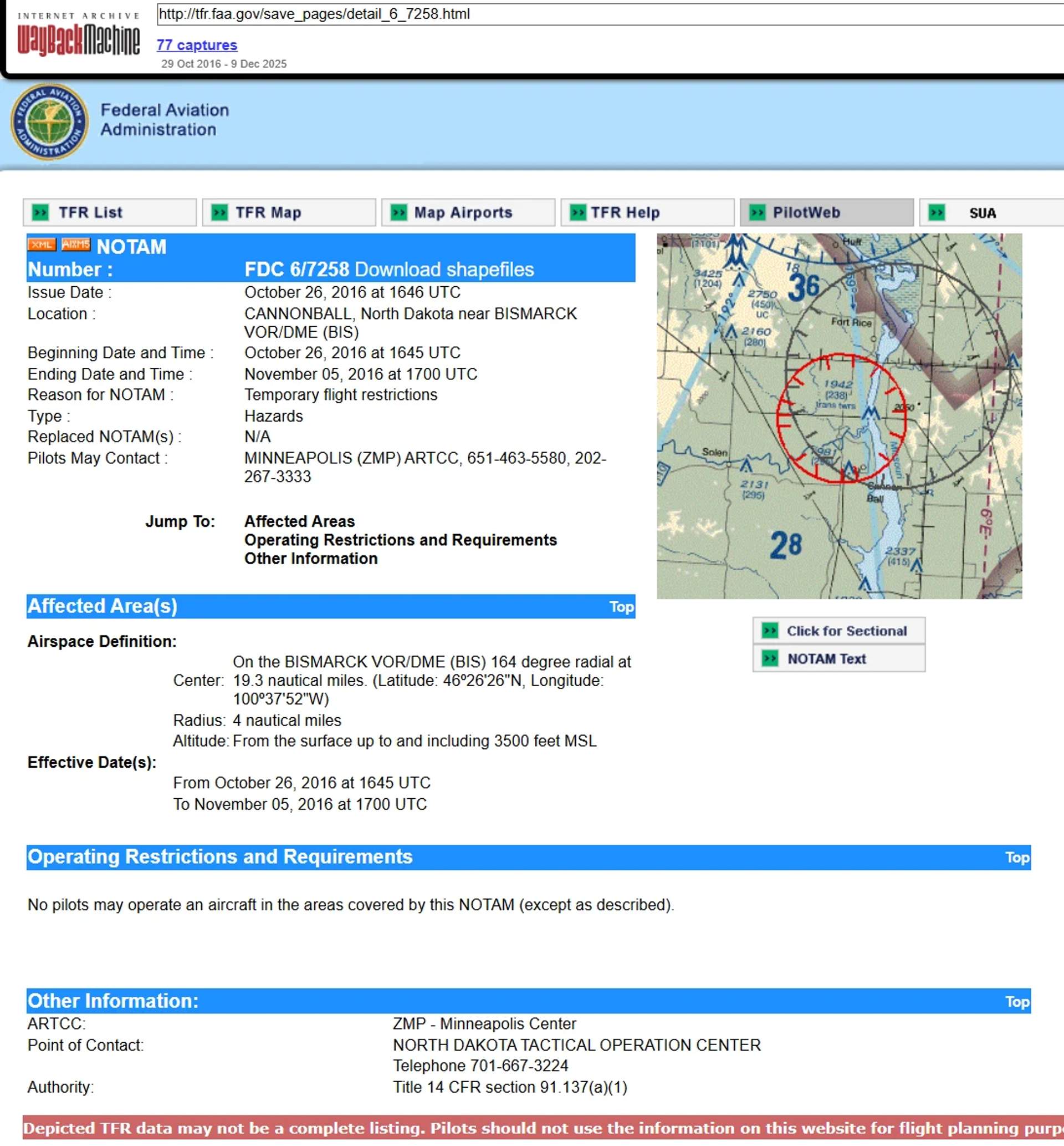 Flight restriction order for Standing Rock encampment.