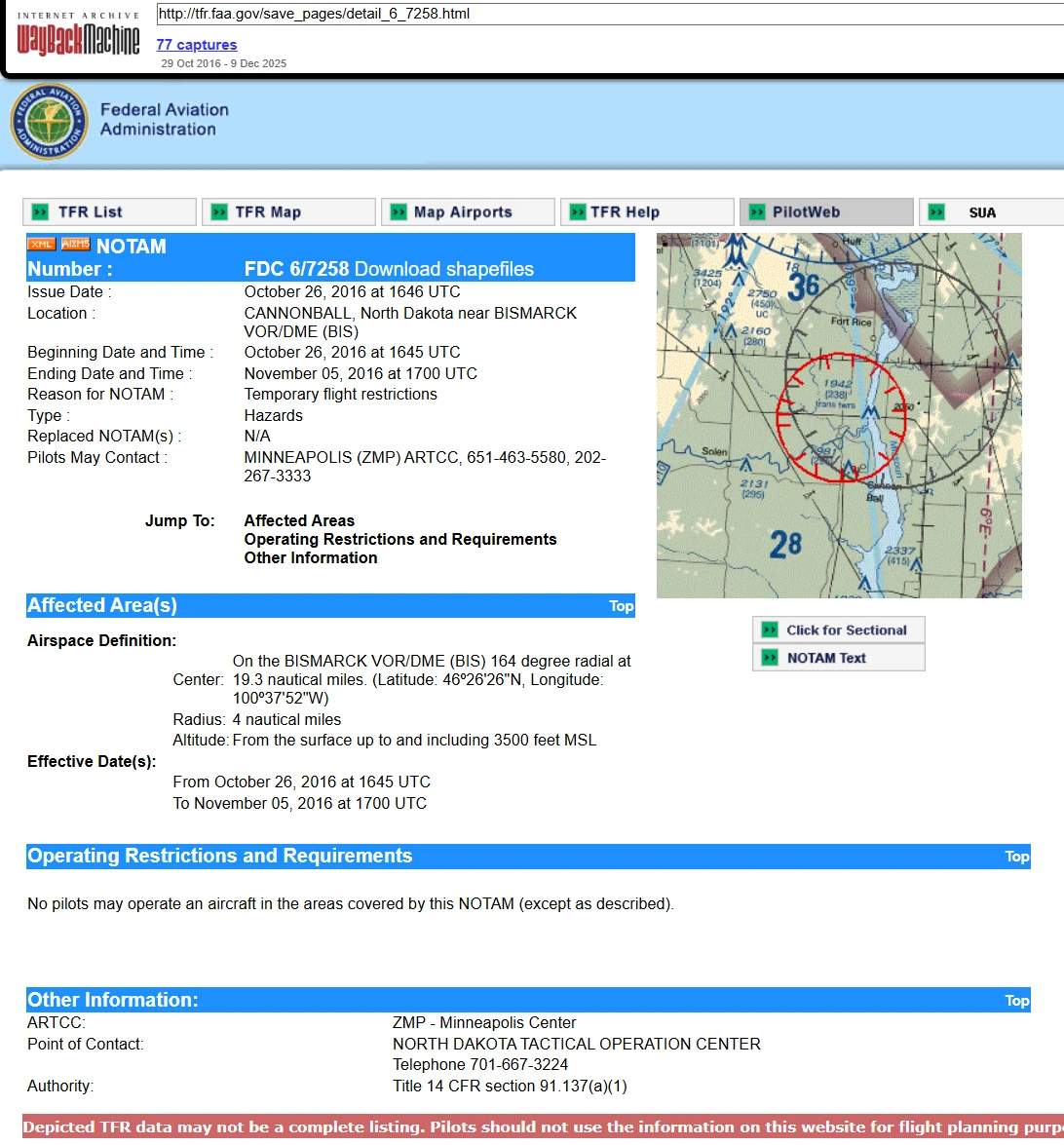 Flight restriction order for Standing Rock encampment.