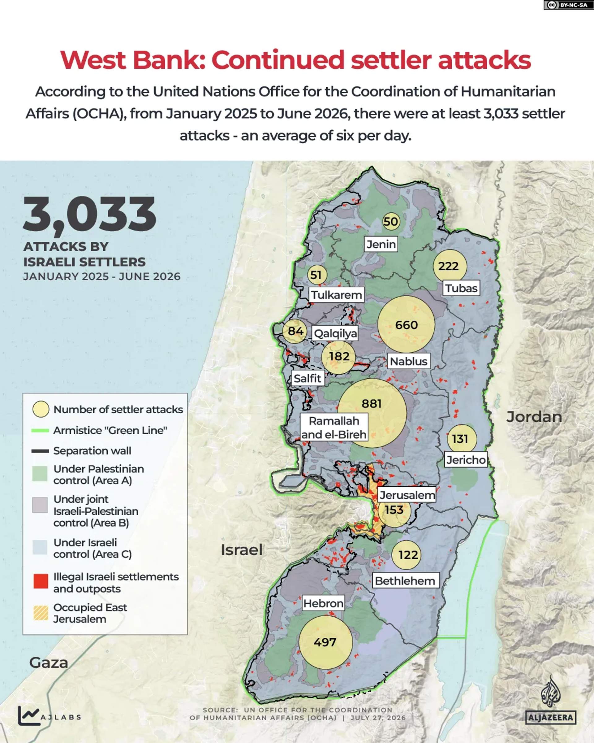 Map showing multiple settler attack locations across the occupied West Bank