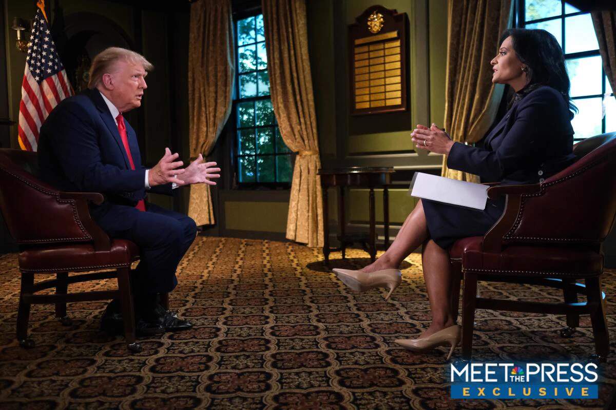 President Donald Trump sitting across from Meet the Press host Kristen Welker during their June 2026 interview.