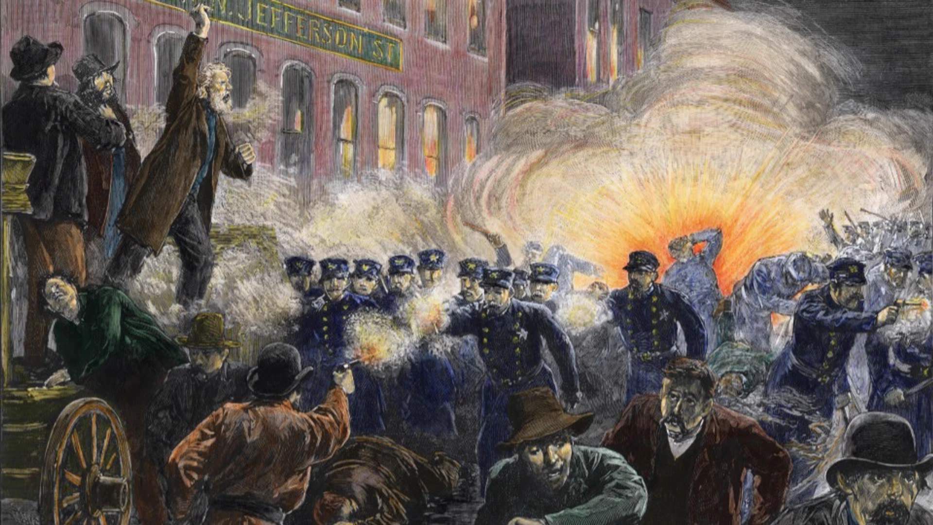 This 1886 engraving was the most widely reproduced image of the Haymarket massacre. It shows Methodist pastor Samuel Fielden speaking, the bomb exploding, and the riot beginning simultaneously. | Chicago Historical Society