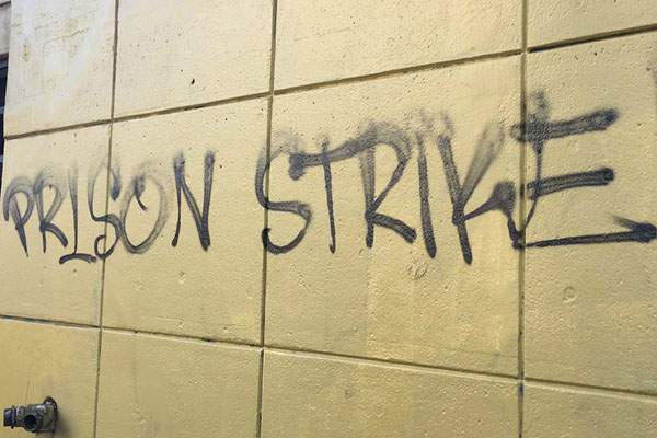 Prison Strike Graffiti written on prison bathroom wall.