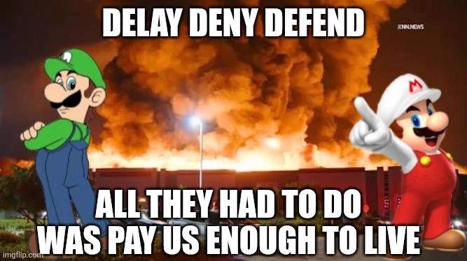 Firepower Mario & Luigi pose infront of the burning warehouse. Delay Deny Defend, All they had to do was pay us enough to live.
