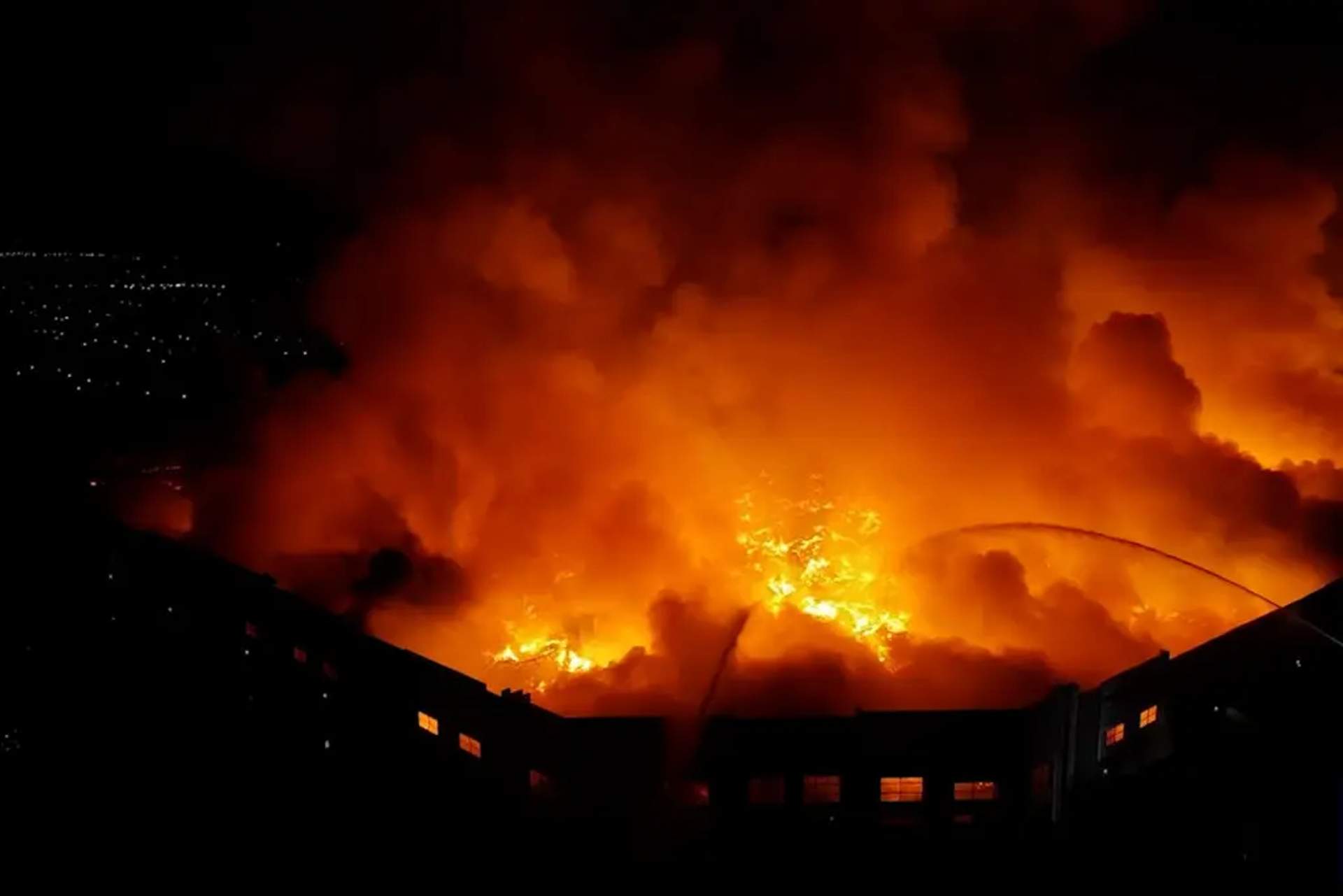 Water being sprayed onto the Kimberly-Clark fire.