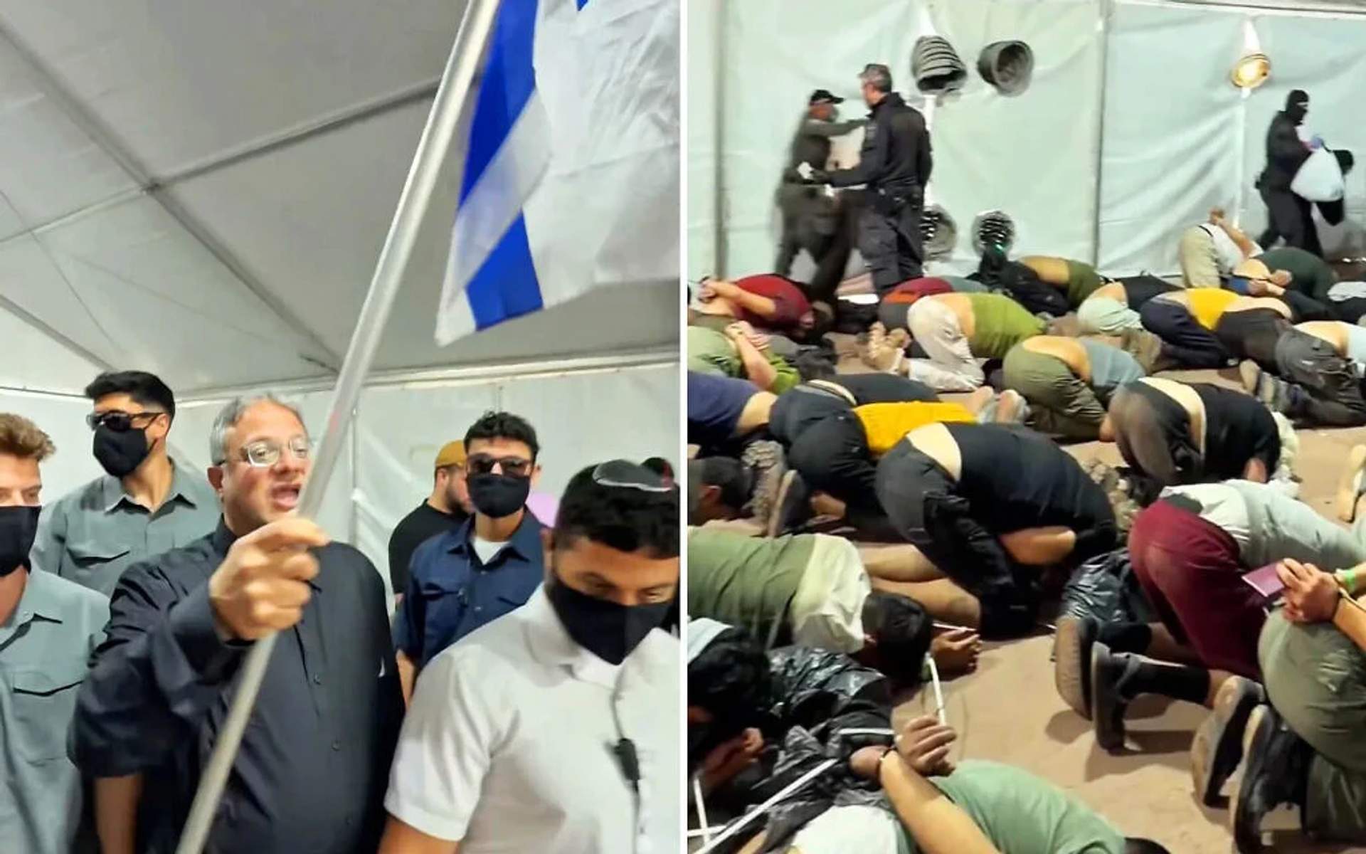 Israeli minister Itamar Ben Gvir holding Israeli flag and smiling while rows of detained flotilla activists kneel on the ground with hands bound behind their backs at Ashdod port.