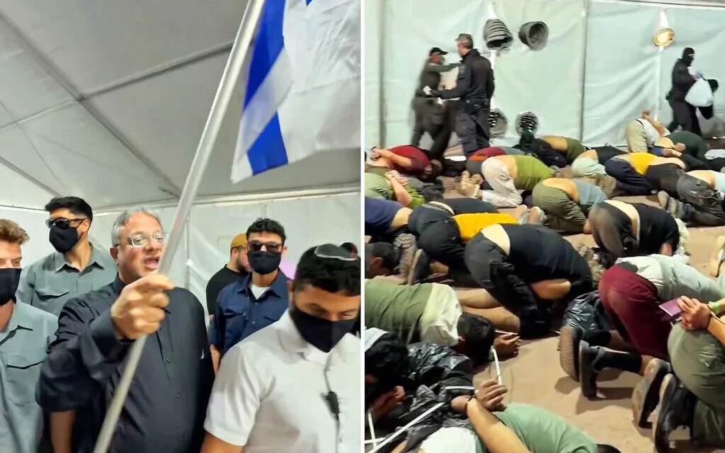 Israeli minister Itamar Ben Gvir holding Israeli flag and smiling while rows of detained flotilla activists kneel on the ground with hands bound behind their backs at Ashdod port.