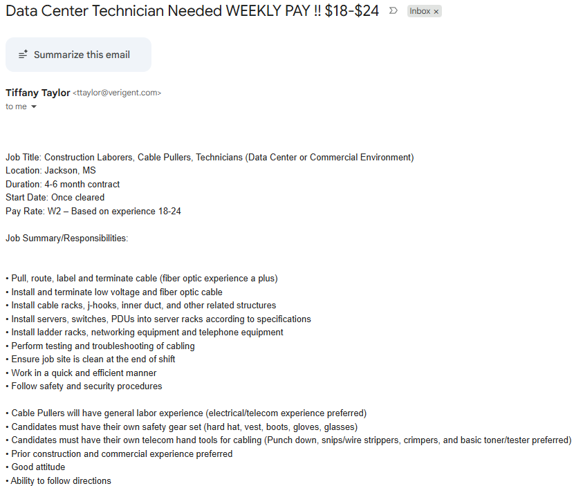 Screenshot of recruiter email from Verigent.
