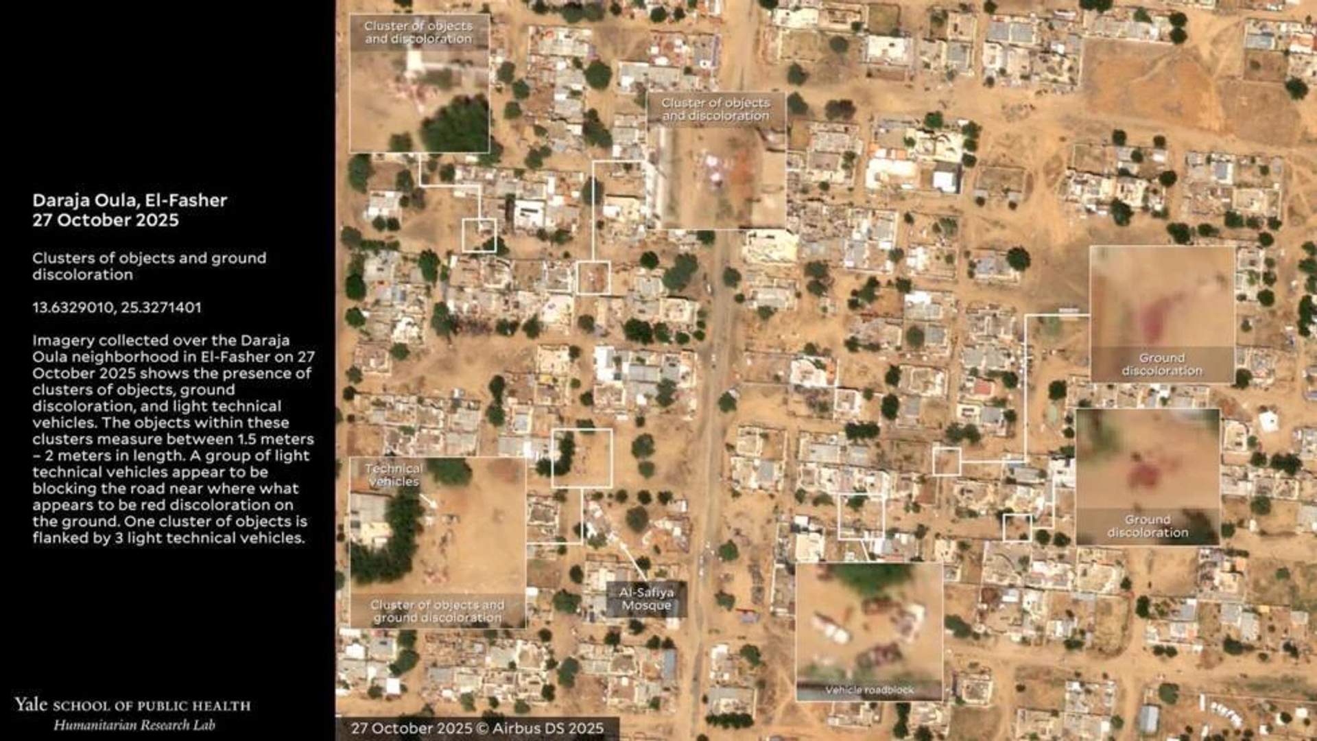 Satellite evidence from Yale Humanitarian Research Lab shows mass killing sites in El-Fasher October 27 2025