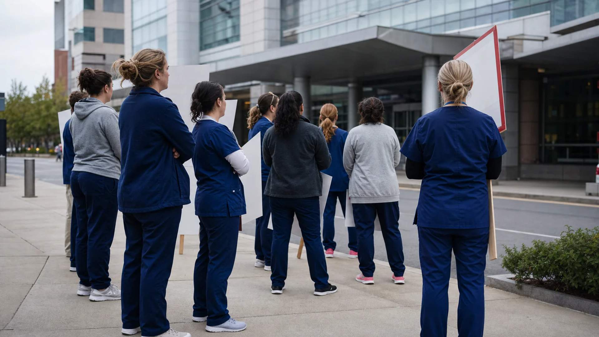 Mass General Brigham nurses in scrubs holding signs announcing their July 8, 2026 strike date