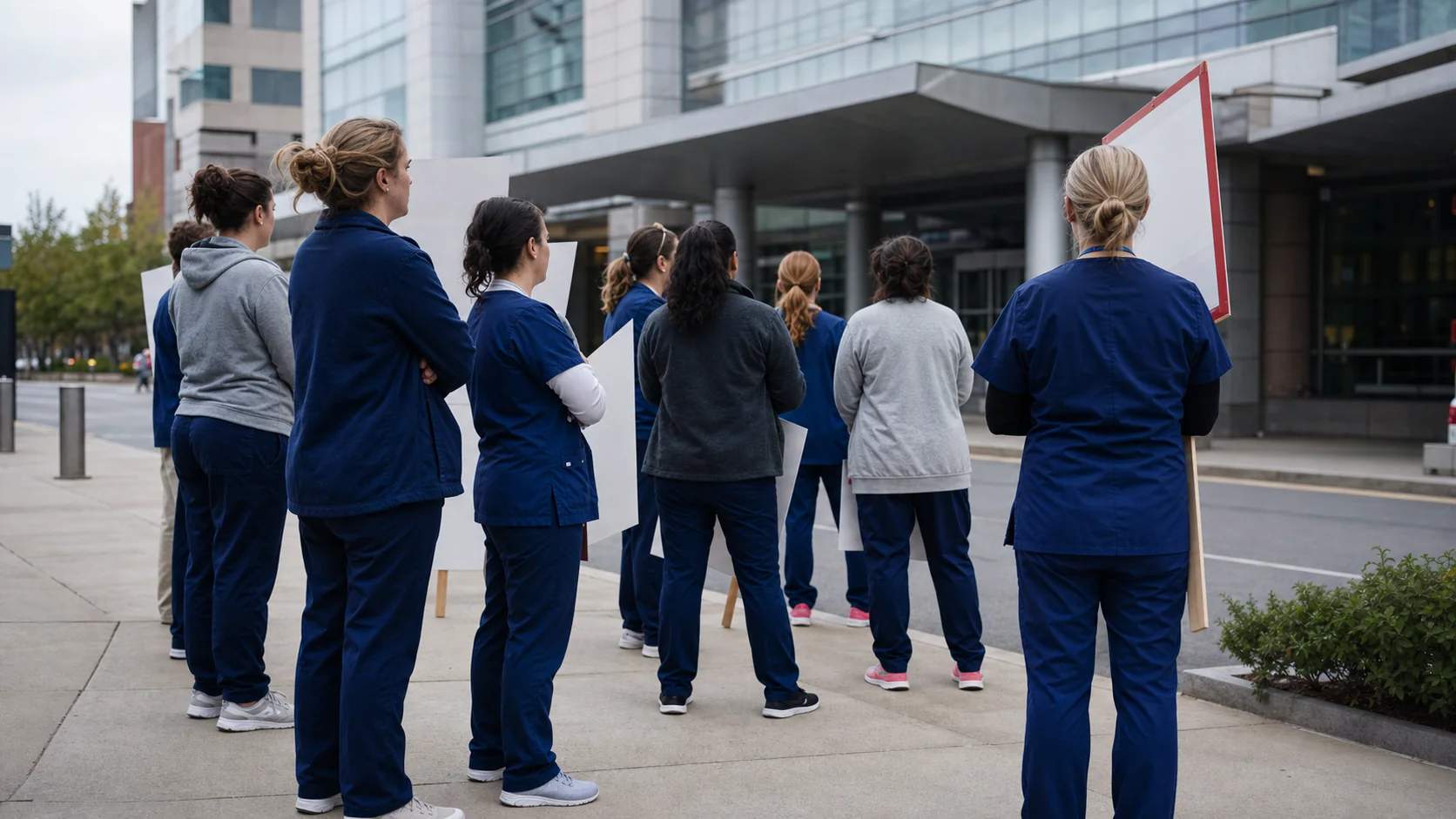 Mass General Brigham nurses in scrubs holding signs announcing their July 8, 2026 strike date
