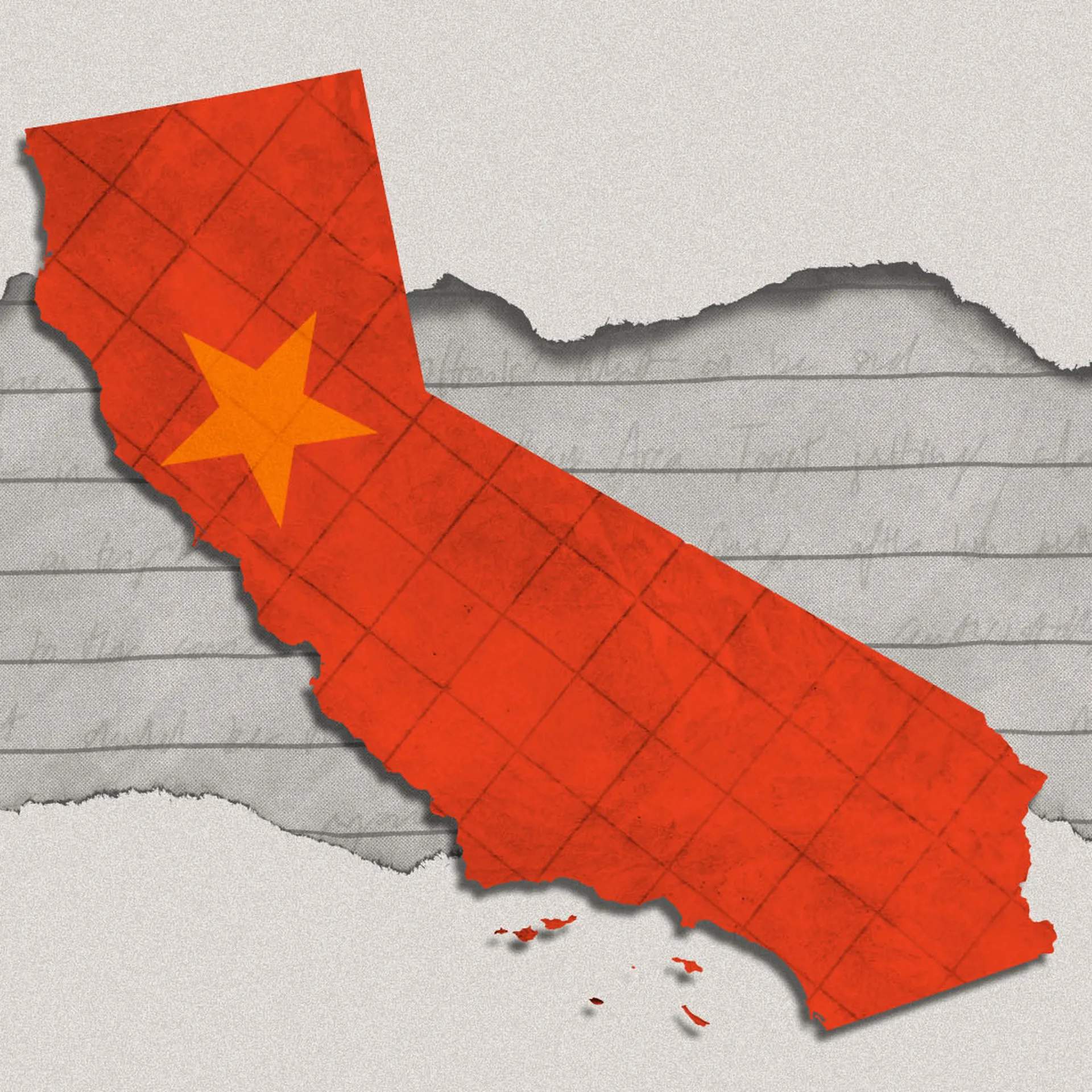 The state of California overlayed with a Chinesse flag