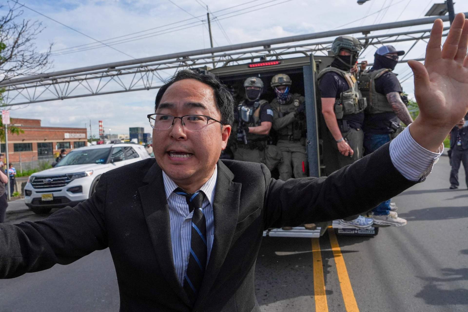 Senator Andy Kim stands with protesters outside Delaney Hall immigration detention center