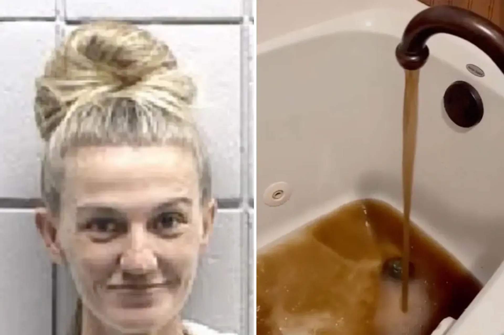 Jennifer Combs mugshot paired with photo of her home bathtub water.