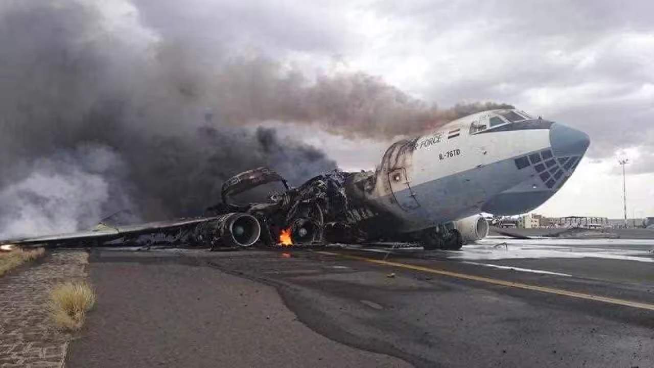 Saudi led attack leaves cargo plane destroyed on a runway at Sanaa International Airport in Yemen. May 4, 2015