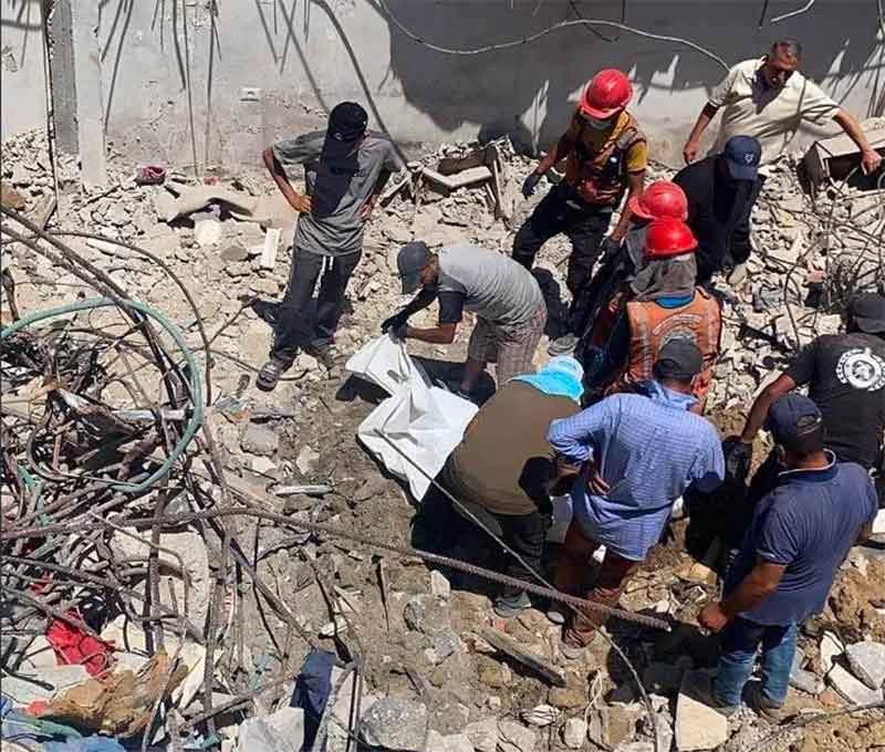 Gaza Civil Defense teams work to recover bodies from the rubble of the al-Hasayna family homes in Sabra neighborhood, Gaza City, August 2026